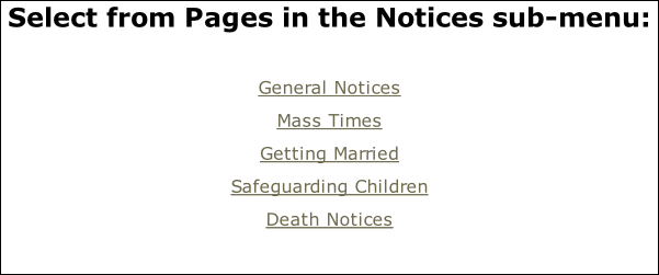 Select from Pages in the Notices sub-menu:  General Notices Mass Times Getting Married Safeguarding Children Death Notices